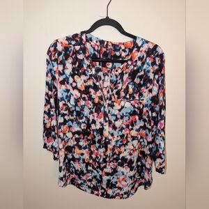 NYDJ Vibrant Splatter Print Pleated Neck Blouse - Bold Multi 3/4 Sleeve! Size PM